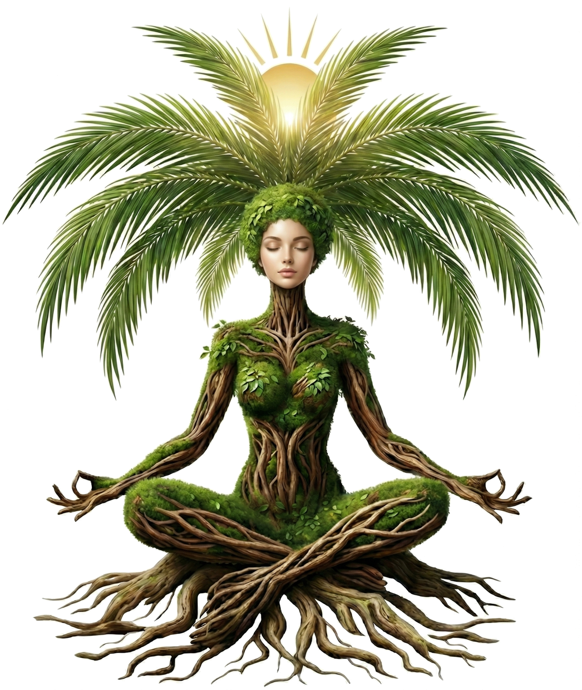 Clima Verde, una mujer en pose de meditación formada por raíces y hojas de palmera